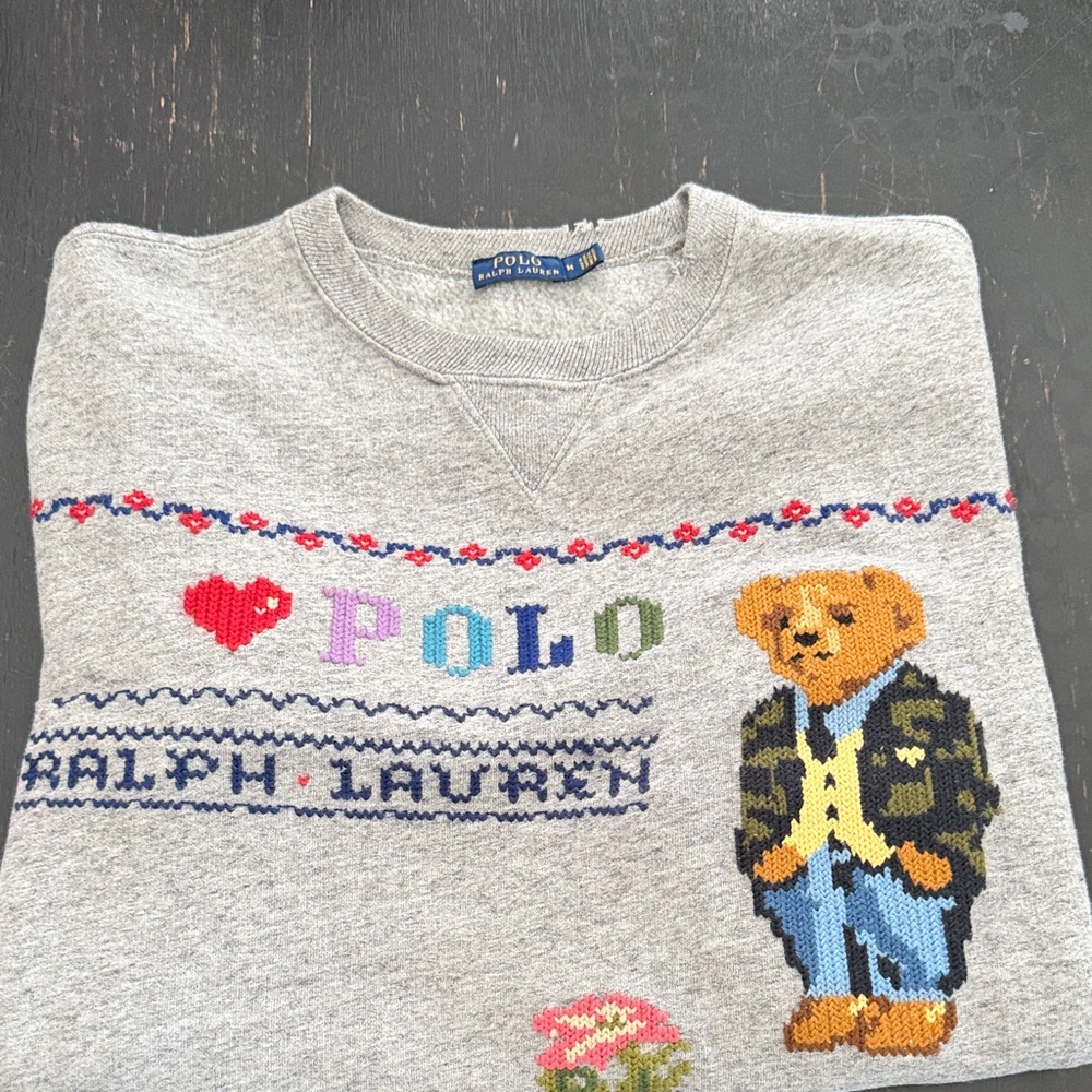 Polo by Ralph Lauren Gray Crewneck Sweatshirt with Embroidered Bear